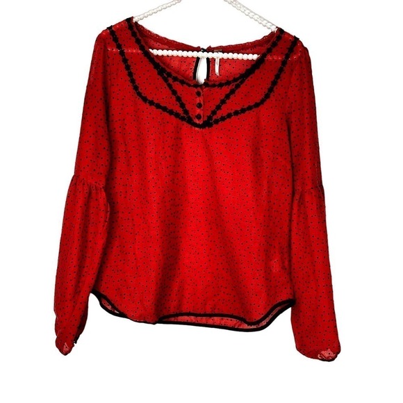 Free People Red Sheer Blouse with Black Polka Dots SZ M - Picture 1 of 11